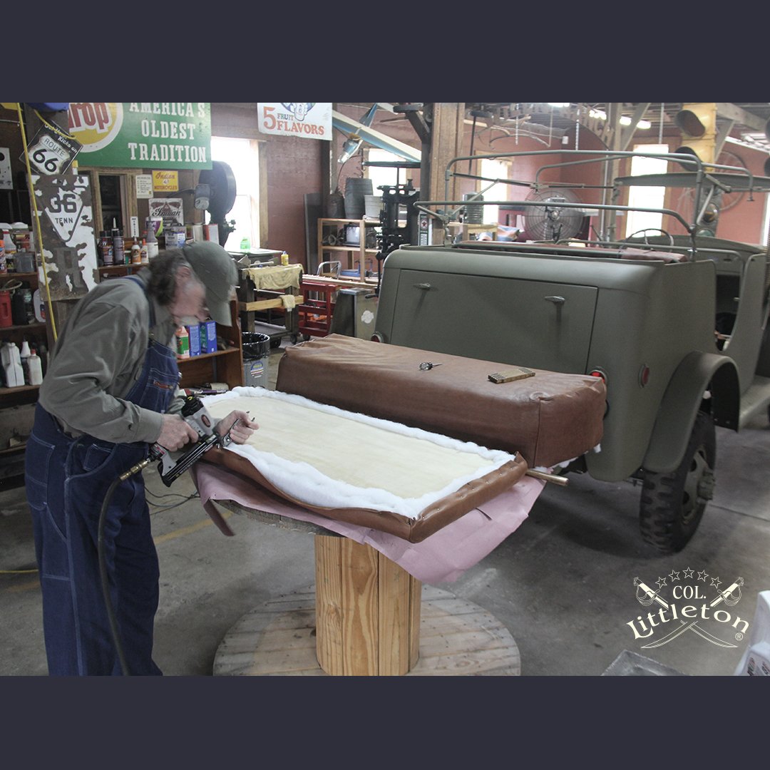ColLittleton's tweet photo. The Colonel working @ the #HotRodGarage focusing on a different kind of #leather project! In the process of restoring his 1941 #CommandCar, he found no seats were available. So, he built them from scratch & is upholstering them in #ColLittleton leather! #restoration #handcrafted https://t.co/pO7cjCIdJo