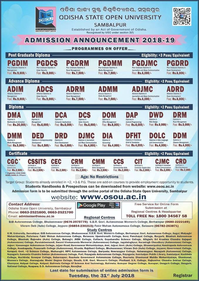 OsouOdisha's tweet image. Admission Announcement for 2018-19 Academic Session. 
Plz log into onlineadmission.osou.ac.in for details. 
#JoinOSOU