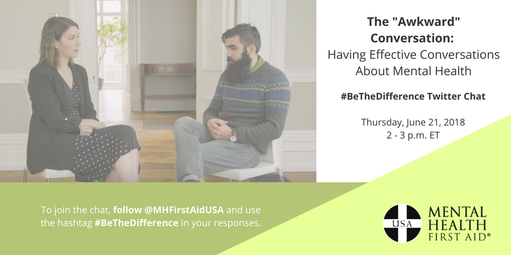 MHFirstAidUSA's tweet photo. Ever responded to the question, "How are you?" with, "Good," even when you weren't doing so well?

Join us on 6/21 at 2 p.m. ET for a special #BeTheDifference chat to discuss how to have effective conversations about #mentalhealth - because it doesn't have to be awkward! https://t.co/empLCZRJTH