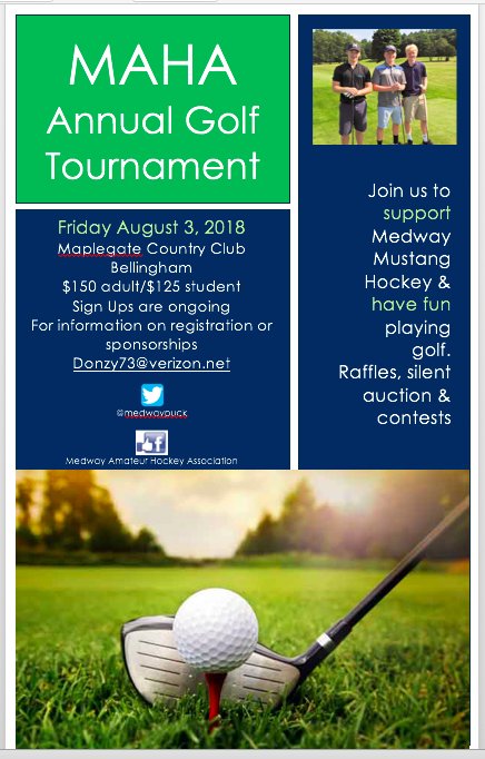 Medway Boys Hockey Annual Golf Tournament is August 3 <a href="/MaplegateCC/">MaplegateCountryClub</a> Organize your foursome &amp; register w/ <a href="/knorton3475/">Karen Norton</a> Spots are filling up fast!