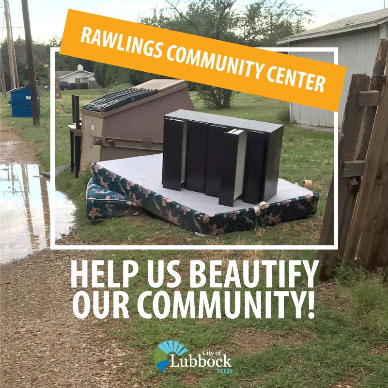 cityoflubbock's tweet photo. Help us #KeepLubbockClean &amp; #KeepLubbockBeautiful! Rawlings annual neighborhood cleanup TOMORROW, Sat, June 2, from 8am-1pm. Roll-off dumpsters for trash, furniture, appliances &amp; box springs. Volunteer groups pls call (806) 767-2704. Details here: https://t.co/lgWyQKw6t8 https://t.co/Yo2cEoJrPm