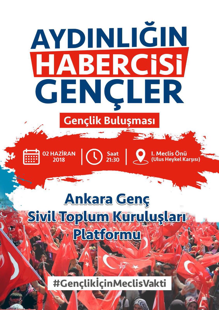ÖNEMLİ DUYURU | Yarın saat 21.30'da Kızılay’da düzenlemeyi planladığımız “Aydınlığın Habercisi Gençlik Buluşması” programı, yine aynı saat ve içerikle 1. Meclis Önü/Ulus'a alınmıştır.
#GençlikİçinMeclisVakti