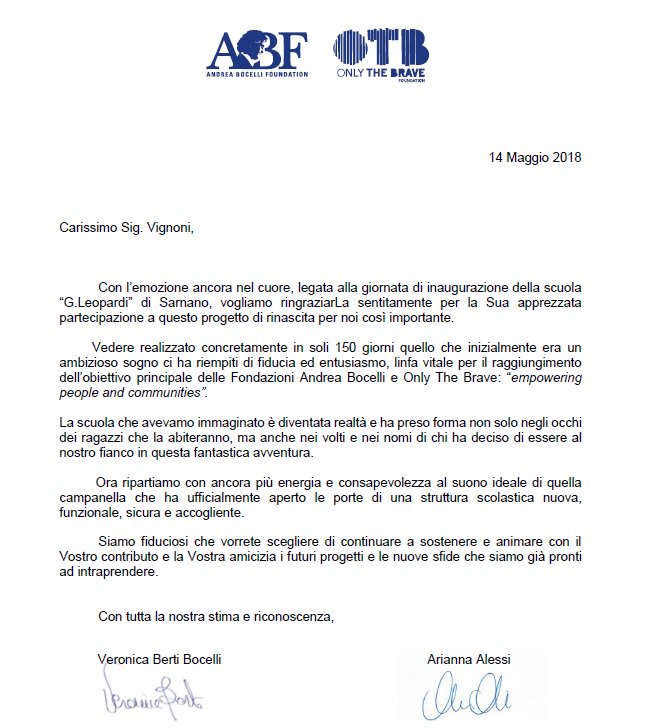 Vuesseimpianti's tweet photo. Un ONORE ricevere la lettera di ringraziamento delle Fondazioni di Andrea #Bocelli e Renzo Rosso per la realizzazione della nuova #scuola di #Sarnano. Un ringraziamento particolare alla #Subissati Srl per averci coinvolto. https://t.co/PEZ15aomYo https://t.co/M7OYPqeSOE