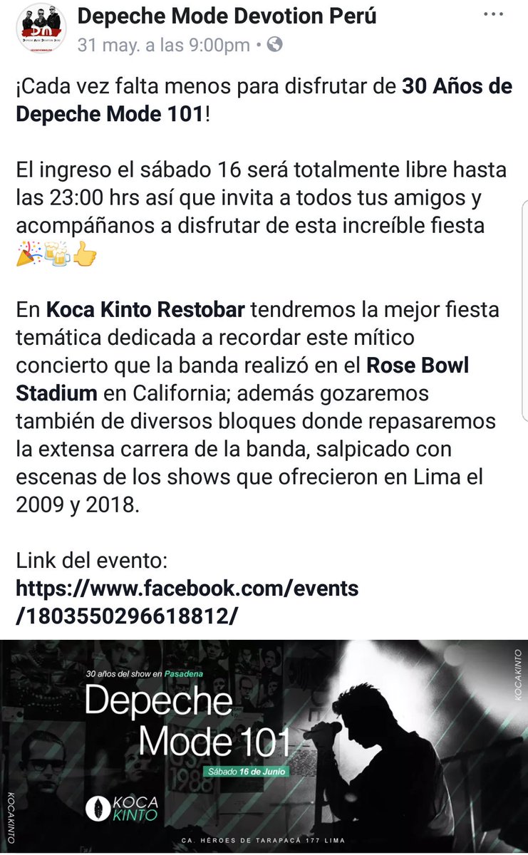 DMDevotion_Peru's tweet photo. ¡Cada vez falta menos para disfrutar de 30 Años de Depeche Mode 101!

El ingreso el sábado 16 será totalmente libre hasta las 23:00 hrs así que invita a todos tus amigos y acompáñanos a disfrutar de esta increíble fiesta 🎉🍻👍
Link del evento: https://t.co/mGEZngXR0q https://t.co/qbSLbs8fvA