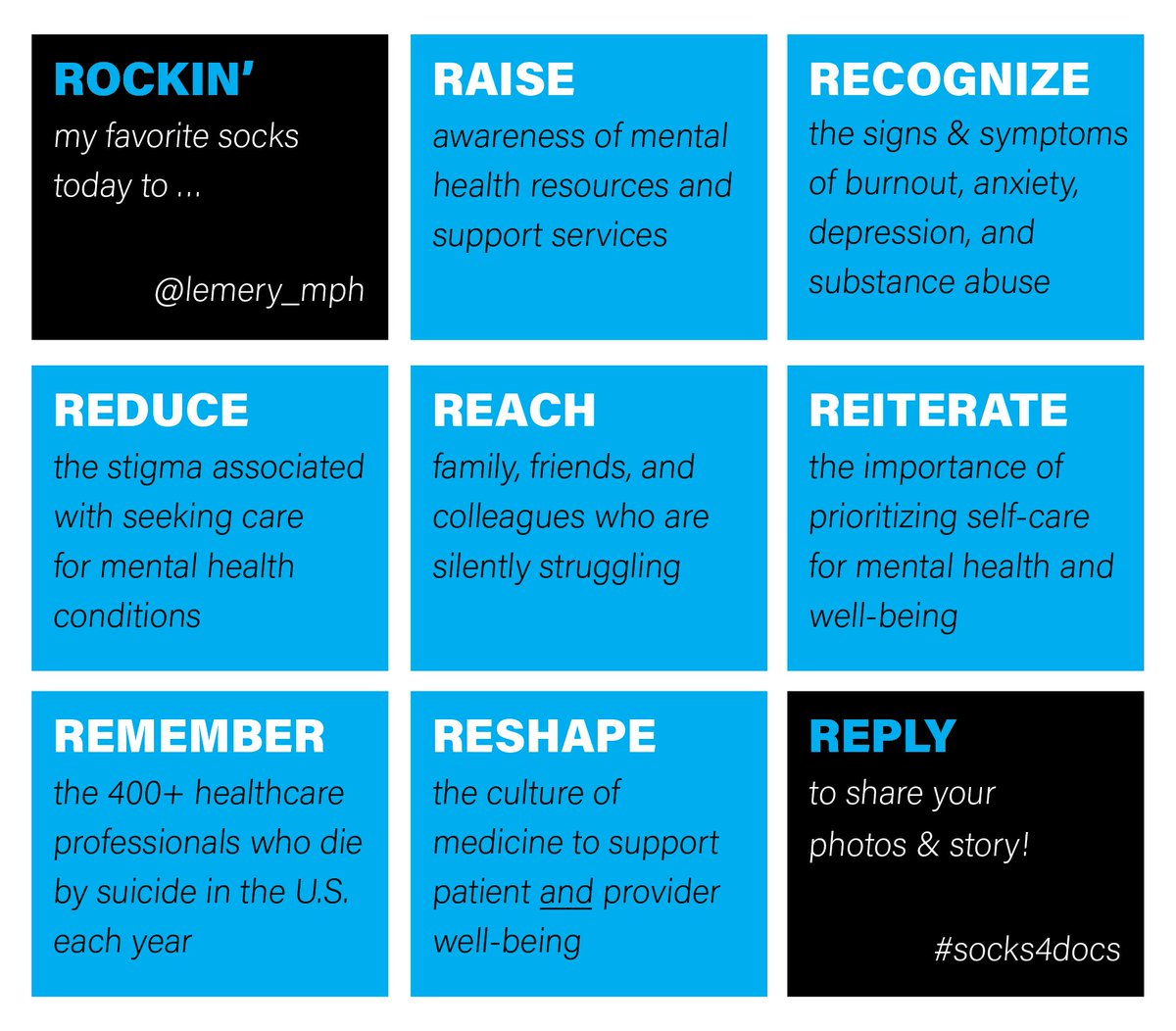 lemery_mph's tweet photo. It's #Socks4Docs Day!  I'm rockin' my favorite socks to change the conversation on #mentalhealth for all healthcare providers! #physicianwellbeing #clinicianwellbeing #socksfordocs   #findyourwhy #oktosay #headstogether https://t.co/nigbjRouvT