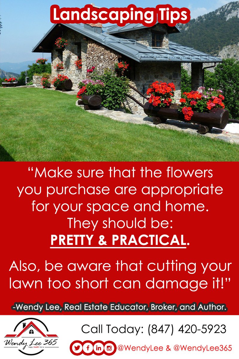 LeegacyGroup's tweet image. #Landscaping Tip #1: 🌼The flowers you buy should be #PrettyAndPractical!🌷🌳Trees might cause shade, or overcrowd plants.🌲
Tip #2: Cutting your #lawn too short 🌾can cause damage to the lawn🌱. Leave it to the professionals👨‍🌾, or do your homework!
#WendyLee365 #RealEstate