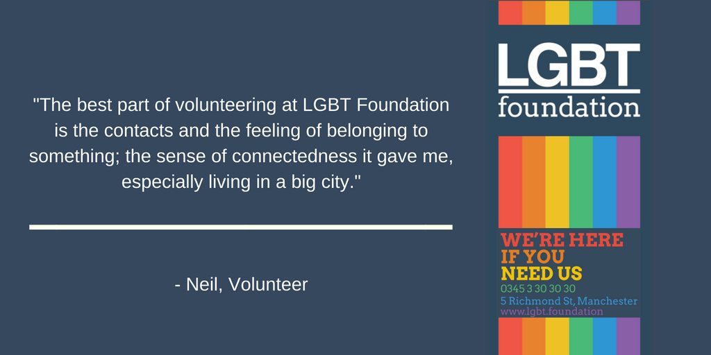 LGBTfdn's tweet photo. Wanting to connect with your community? You too could be an @LGBTfdn Volunteer. Read more about Neil’s volunteering journey here: https://t.co/c6QoTJ1Hs6 #VolunteersWeek #HeyVCM #Volunteer #LGBT #MCR https://t.co/V3dKMXprU3