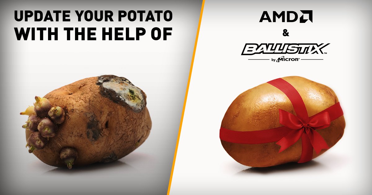FNATIC's tweet photo. Is your potato PC in need of an upgrade? 🥔

@AMDGaming and @ballistixgaming are here to help give it a brand new shine! ✨

Enter the giveaway ➡️ https://t.co/GcNxV62Hs4 https://t.co/Y76WuE7Gye