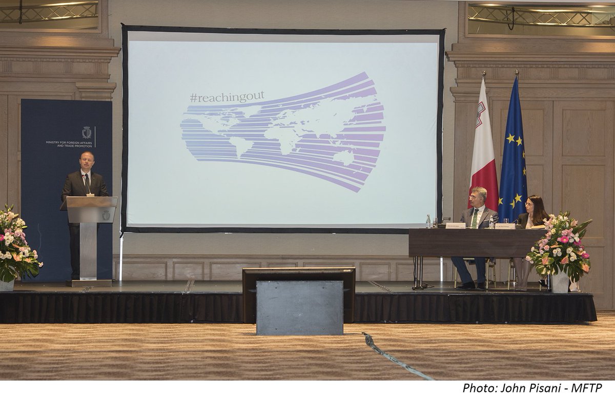 MFEAMalta's tweet photo. Privileged to hear PM @JosephMuscat_JM addressing our Ambassadors' Meeting today. He spoke about expanding #Malta's horizons: attracting investment, whilst remaining an honest contributor to global economic/social progress, peace &amp; prosperity @AbelaCarmelo #reachingout @MaltaGov https://t.co/SuROlClET3