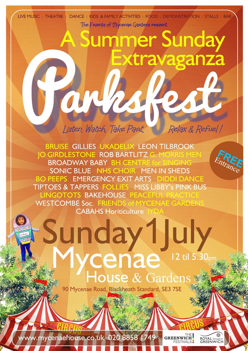 1 month today until our amazing annual #Greenwich #ParksFest Summer Sunday Extravaganza free family festival on Sun 1 July 12-5.30pm! 
With Live Music, Theatre, Dance, Kids &amp; Family Activities, Food, Demonstrations, Stalls, Bar and best of all, #FREE ENTRY! Who's joining us?