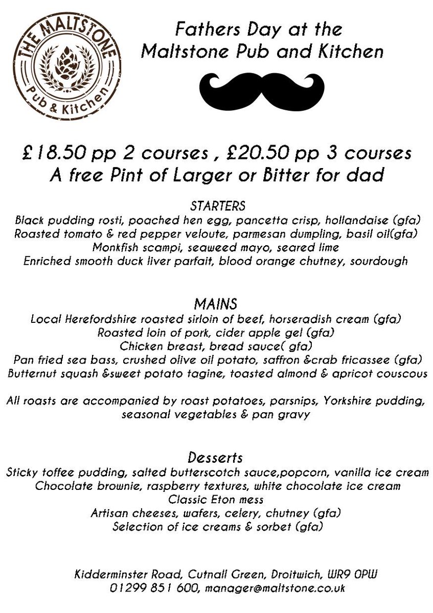 TheMaltstone's tweet photo. Forgotten about Dad this Fathers Day? Don't worry we have your back!
Tables still available for June 17th and dad gets a pint of bitter or lager on us 🍺🍺🍺🍺 #FathersDay #Foodies https://t.co/VsyPjBnzFI