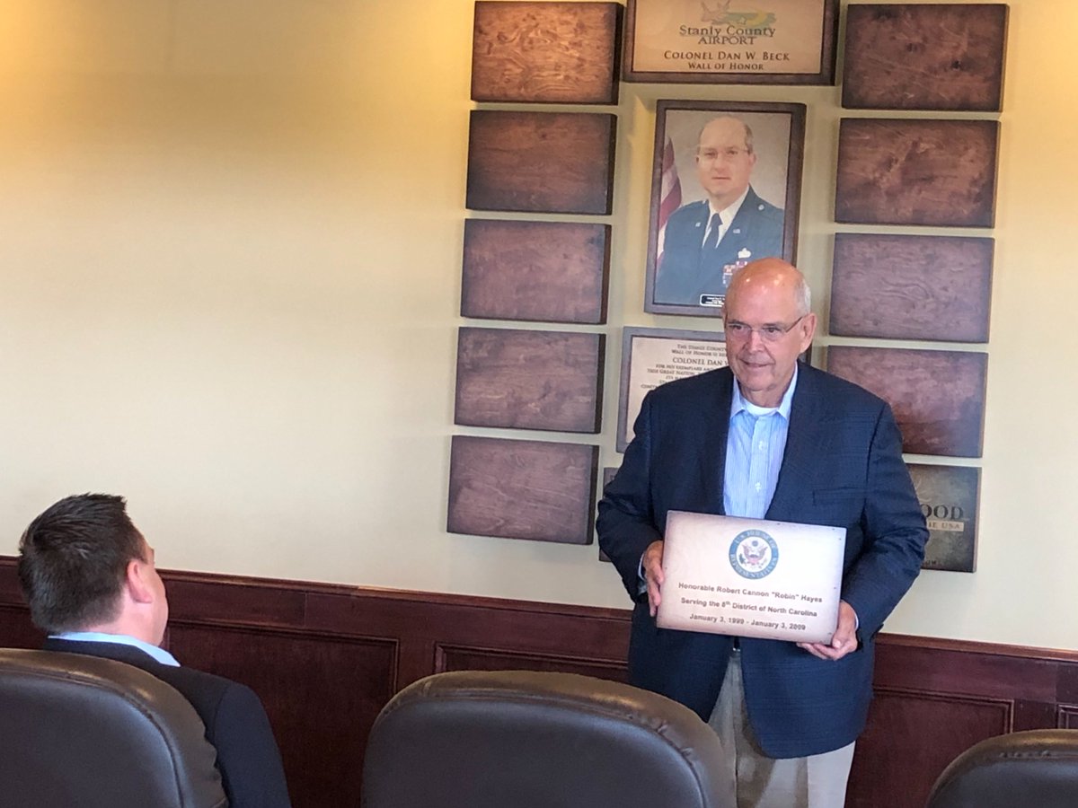 RepRichHudson's tweet photo. Proud to help honor my friend &amp; mentor Congressman Robin Hayes for his support of the @StanlyCountyNC Airport. Robin secured grants for major projects-from obstruction removal, to ramp expansion &amp; critical improvements. He saw the big picture, and he made sure others saw it, too. https://t.co/AtjYmrcG1r