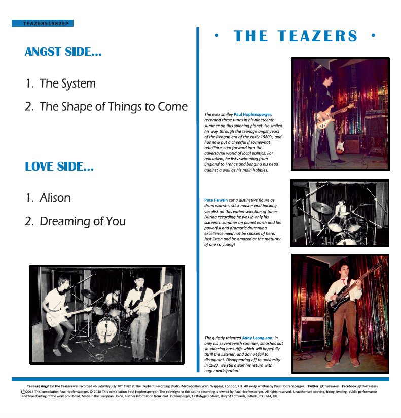TheTeazers's tweet photo. The back cover for the new E.P. is now ready for printing! The tunes are winging their way via @KeyProduction into deepest Europe ready for the vinyl pressing. Exciting times! Don't forget, when released, 10% of profits will go to @stnichhospice #TheTeazers #TeenageAngst https://t.co/Ny3MtBjlPH