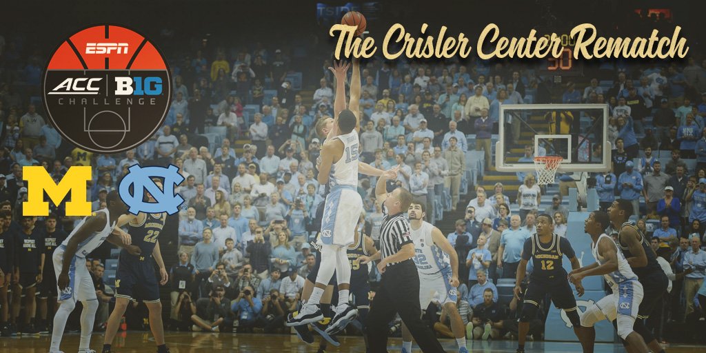 umichbball's tweet photo. The. Rematch. Is. Set.

@CrislerLIVE is the place to be on Wednesday (Nov. 28th) as 〽️🏀 faces @UNC_Basketball for a second straight year in the ACC/B1G Challenge

Details &amp; challenge breakdown ⬇️
🔗 https://t.co/vibOJwuLEu

#GoBlue 〽️🏀 https://t.co/NztIvFgnWl