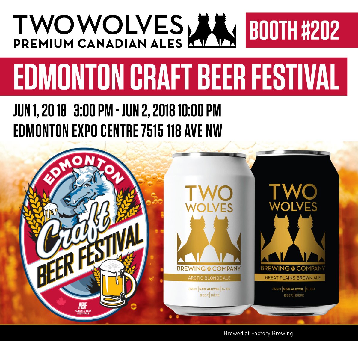 twowolvesbeer's tweet photo. We are at the Edmonton Craft Beer Festival! Booth #202 come say hello! Fri, Jun 1, 2018 3:00 PM Sat, Jun 2, 2018 10:00 PM Edmonton EXPO Centre 7515 118 Ave NW #excited #twowolvesbeer #YEGBeerfest @ABBEERFESTIVALS https://t.co/prpEOkq6yZ