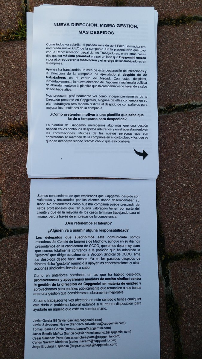Hoy varios delegados del Comité de Empresa de Madrid hemos repartido en las puertas de <a href="/Capgemini/">Capgemini</a> este comunicado a la plantilla por los nuevos despidos de <a href="/Capgemini_ES/">capgemini_es</a> 
#EllosBonusNosotrosDespidos