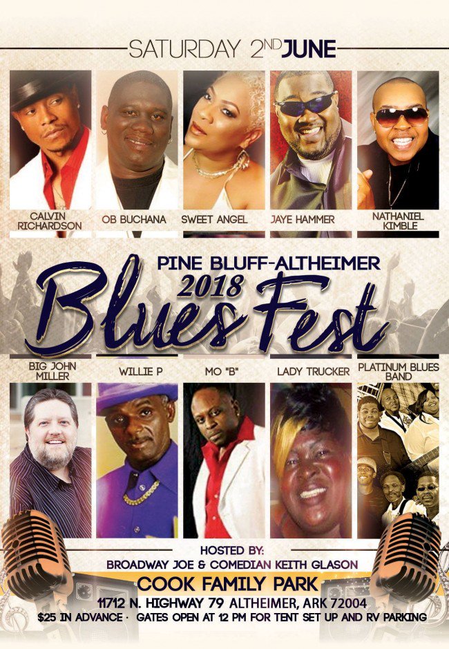 CassieJFox's tweet photo. <<THIS WEEKEND>>-Saturday-June 2nd 2018 The Pine Bluff-Altheimer Blues Fest in Arkansas-Check Out this Line Up of Artists! 
#SouthernSoul #GrownFolks #Arkansas #EckoRecords #SummerTime #OutDoorFestival #Party #PineBluffAR LJ Echols #MarriseeBoyd #OBBuchana https://t.co/TCBaJhCNZ9