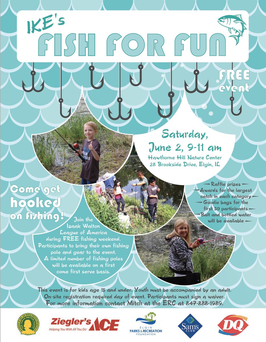 ElginIL's tweet photo. #ElginIL Fish for Fun event is TOMORROW, 9-11 a.m. at Hawthorne Hill Nature Center. This free event is for kids age 15 & under (accompanied by an adul)t. On-site registration is required the day of. Participants should bring their own poles/gear. #FishForFun #FreeFishingWeekend https://t.co/l3vmJJax6e