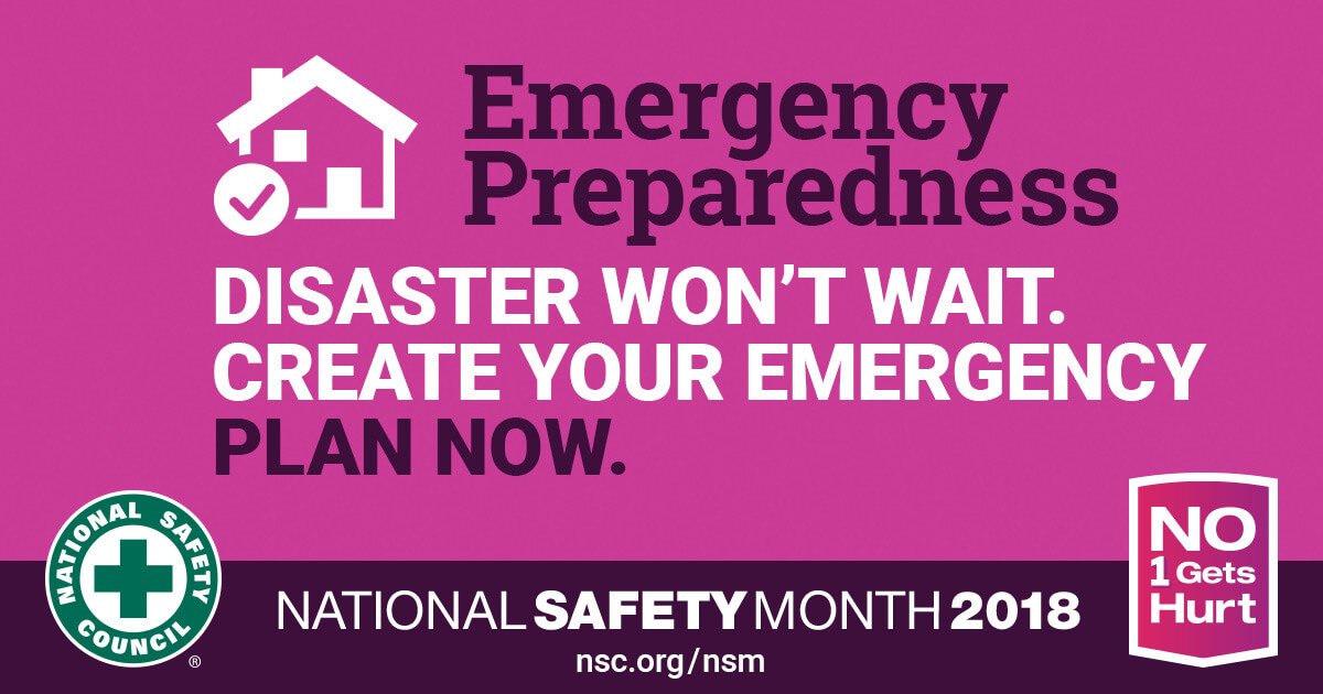FC_PublicHealth's tweet photo. June is #NationalSafetyMonth. Disasters don't wait! Emergency situations can happen at any time &amp; any location, making it crucial that you &amp; your family are prepared. 

@Readygov has great info on how to prepare ahead for disasters. #No1GetsHurt #EPPrep https://t.co/Lkz55gnkFr