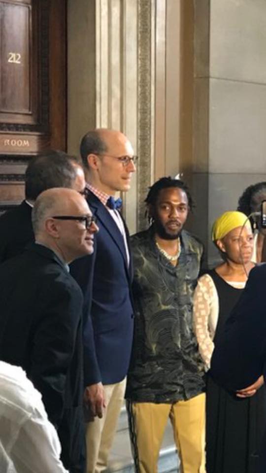 bangonacan's tweet photo. We suspect @kendricklamar is sizing up @davidlangmusic in this picture from the Pulitzer ceremony thinking "how do I get this guy to guest MC on my next mixtape?" Congrats Mr. Lamar on recognition for your art. https://t.co/8sXFpD5Qll