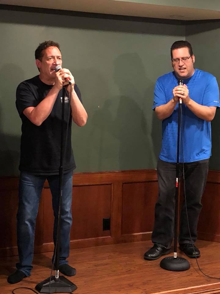 Baldassano's tweet photo. @Mac72Terry took this great shot of @AnthonyCumiacm and myself #CompoundKaraoke - Nights on Broadway! #BeeGees https://t.co/qkdAJCgjnj