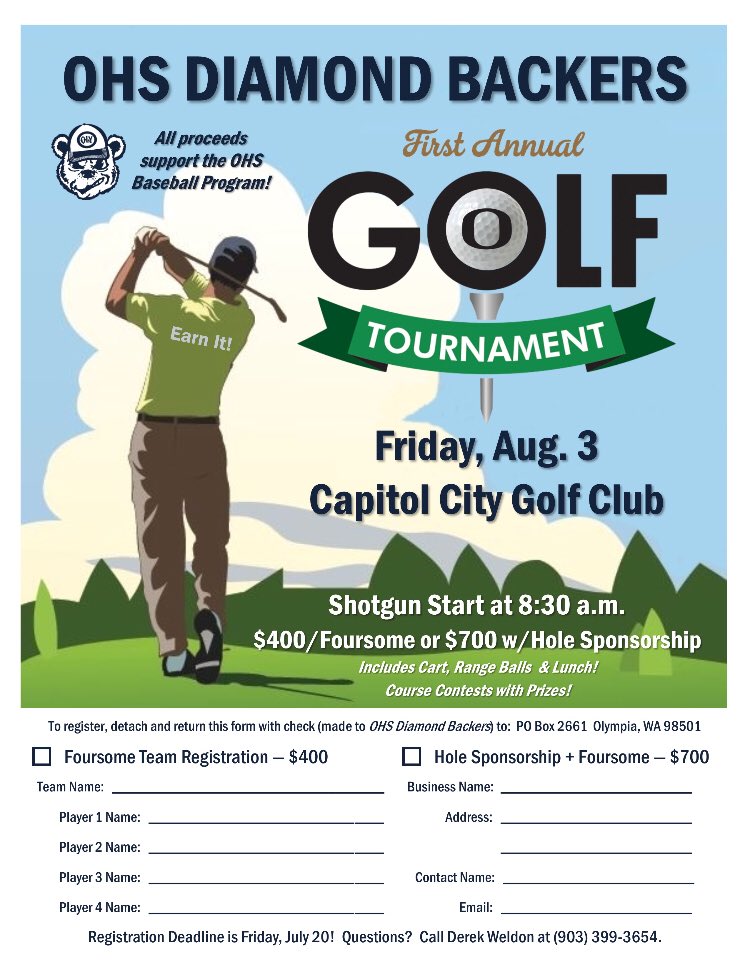 BaseballOlympia's tweet photo. 1st Annual Golf Tournament!! This is going to be a great event and the start of a great new tradition with Oly Baseball. Sign up today! https://t.co/3yXJ387O4o