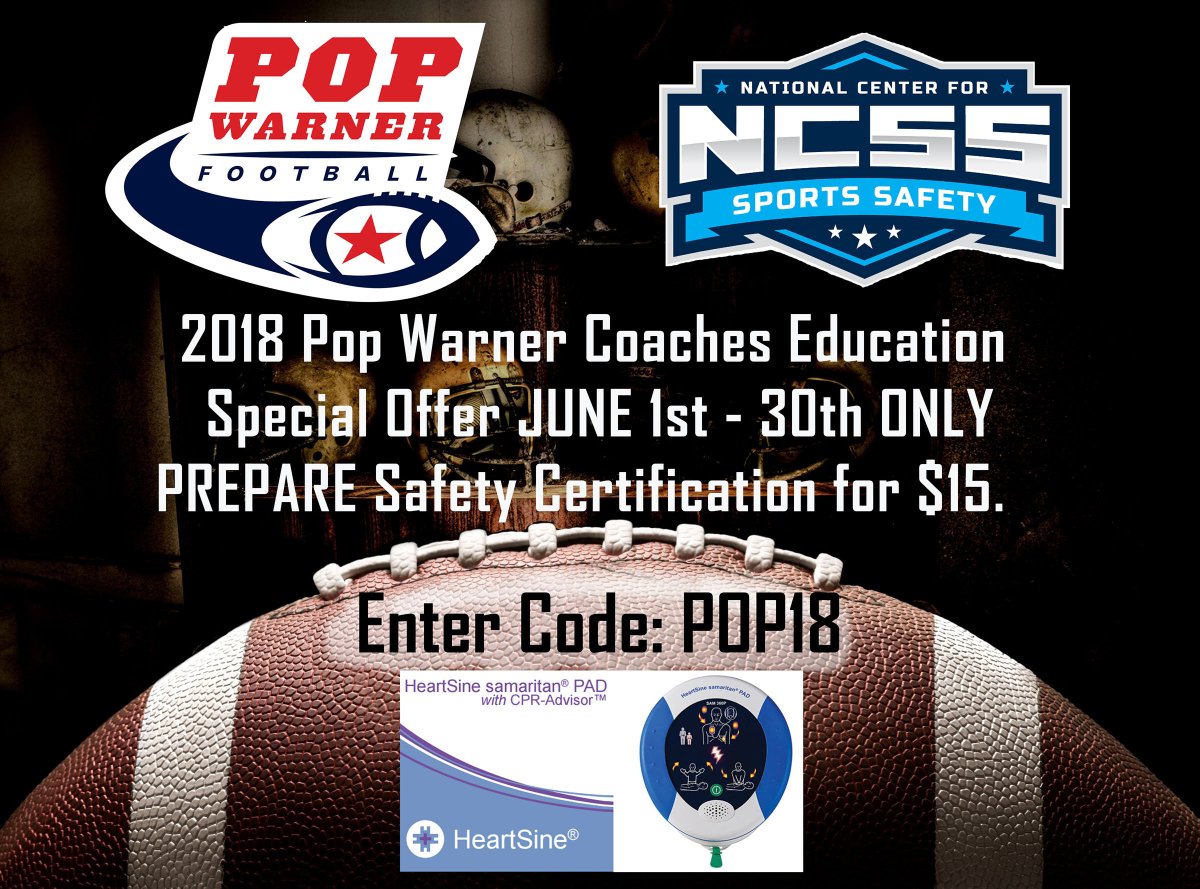Pop_Warner's tweet photo. Pop Warner Exclusive + Giveaway from @PrepareSports! In JUNE, Coaches, Parents &amp; Officials can take the PREPARE sports safety cert. for only $15 (using POP18). Register by 6/30 and you'll be entered to win a portable AED for your league! https://t.co/QiZ2pYHCHl #PlaySafer https://t.co/KKt1xWY6Gv