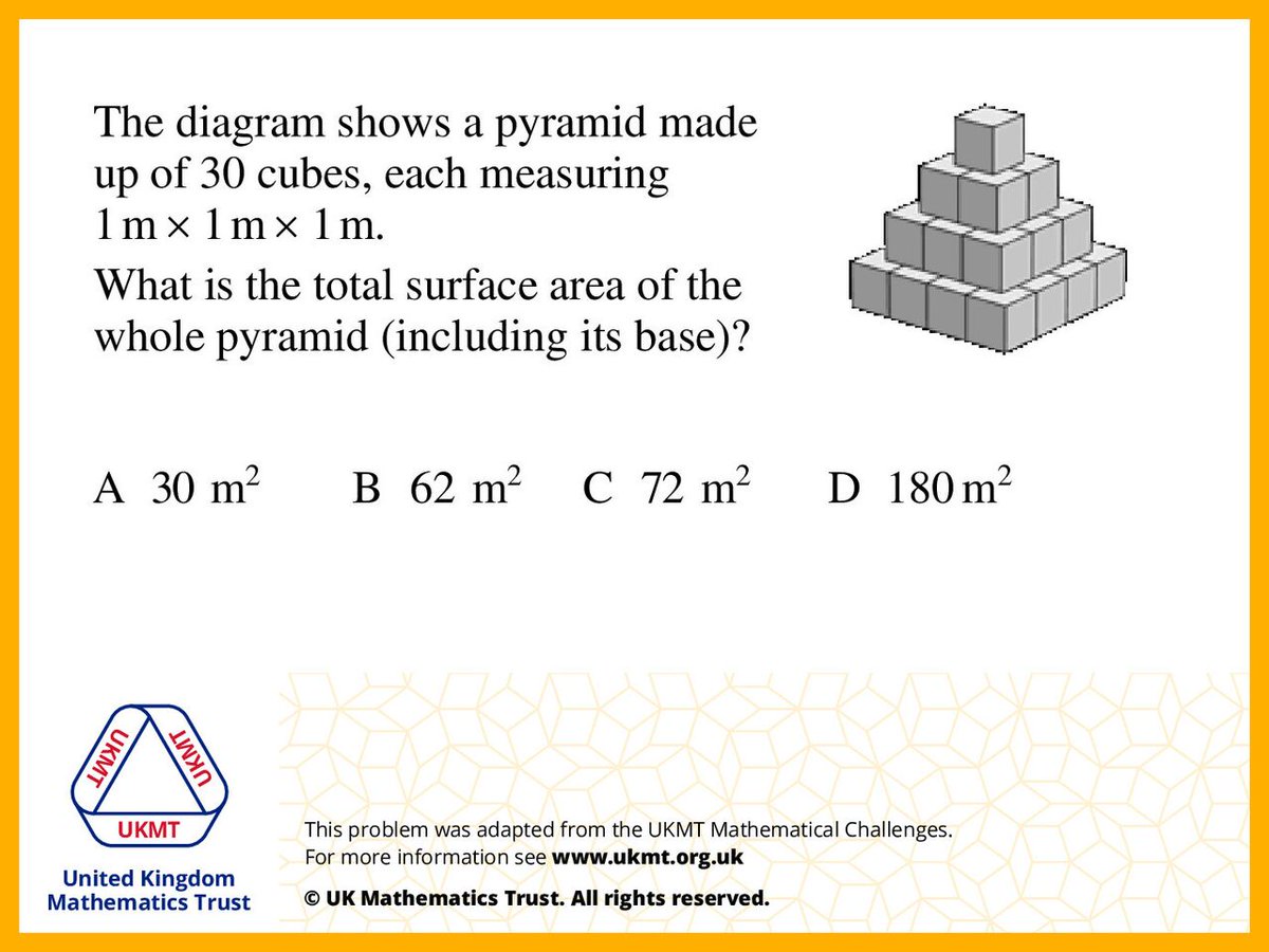 UKMathsTrust's tweet photo. Here is your #UKMTProblem for this week! What is the total surface area? https://t.co/qQyUpcY9Vh