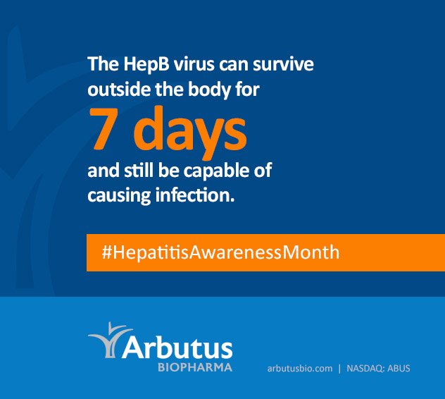 ArbutusBio's tweet photo. The #HepB virus can survive outside the body for 7 days and still be capable of causing infection. You can learn more here: https://t.co/2uqfx8CdFM #HepatitisAwarenessMonth https://t.co/ou1FzIpPJR
