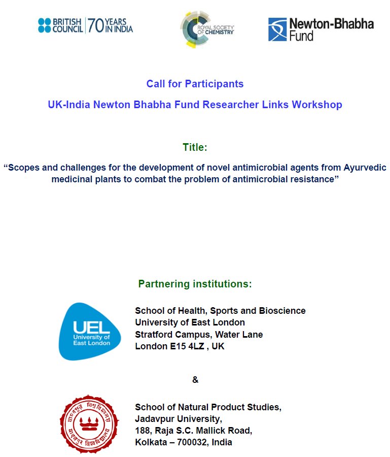 **Call for Early Career Researchers <a href="/BritishCouncil/">British Council</a> <a href="/RoySocChem/">Royal Society of Chemistry</a> #Ayurveda #AMR workshop in Kolkata, Sept 2018 #StopSuperbugs @Wellcome_AMR  <a href="/JUFET/">Jadavpur University</a> <a href="/BioscienceUEL/">Bioscience at UEL</a> click here jaduniv.edu.in/upload_files/s…