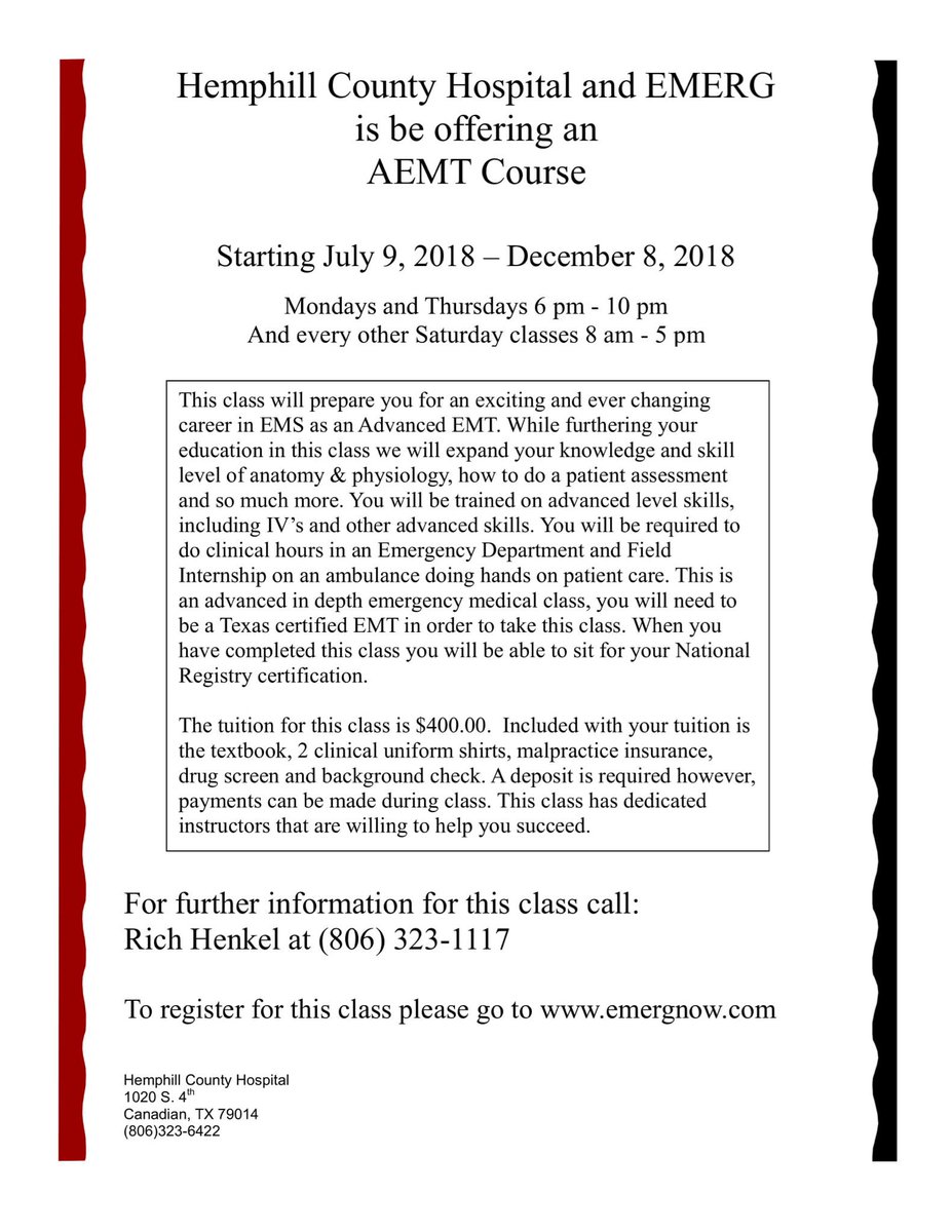 EMERG26's tweet photo. Grant funded AEMT program coming to the Texas Panhandle! Starts in July, register soon!  #aemt #texaspanhandle #emsschool #canadiantexas https://t.co/QKjWcXTfk7