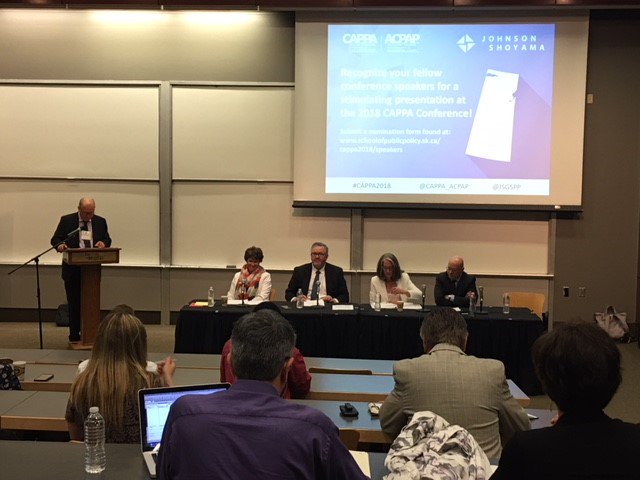 JSGSPP's tweet photo. Great start to the day with a panel on Contemporary Public Administration Priorities!  Thank you #JSGSPP's @DougMoen for chairing the panel and thanks to our speakers Karen Aulie, Greg Miller, Lin Gallagher, and Kent Campbell. @CAPPA_ACPAP #cappa2018 #Congressh2018 @UofRegina https://t.co/kODbgG7RT8