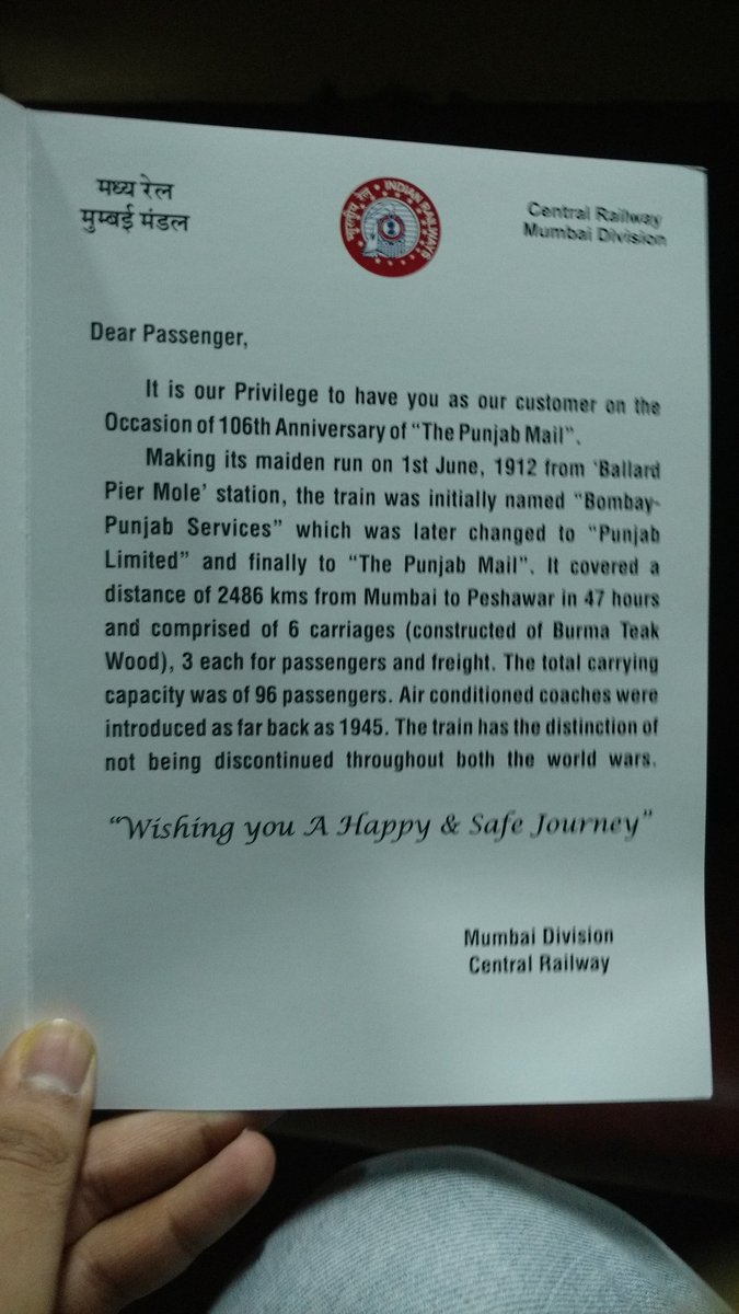 NilayBunkar's tweet photo. Great to see @RailMinIndia celebrating this way
Traveling with Punjab Mail on its 106th Birthday 
#indianrailway @CRailwayMumbai https://t.co/Gh7z45dcXr