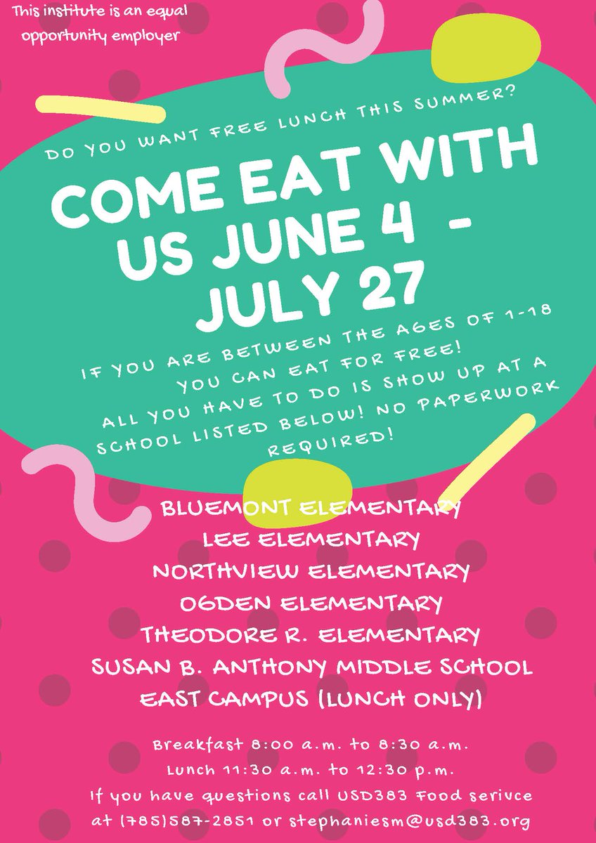 usd383's tweet photo. USD 383 Summer Meal Program begins next week! Anyone between the ages of 1 -  18 are welcome to eat at any of the locations lists --- regardless of  their normal school attendance center - for FREE! https://t.co/LOeH6sBXxe