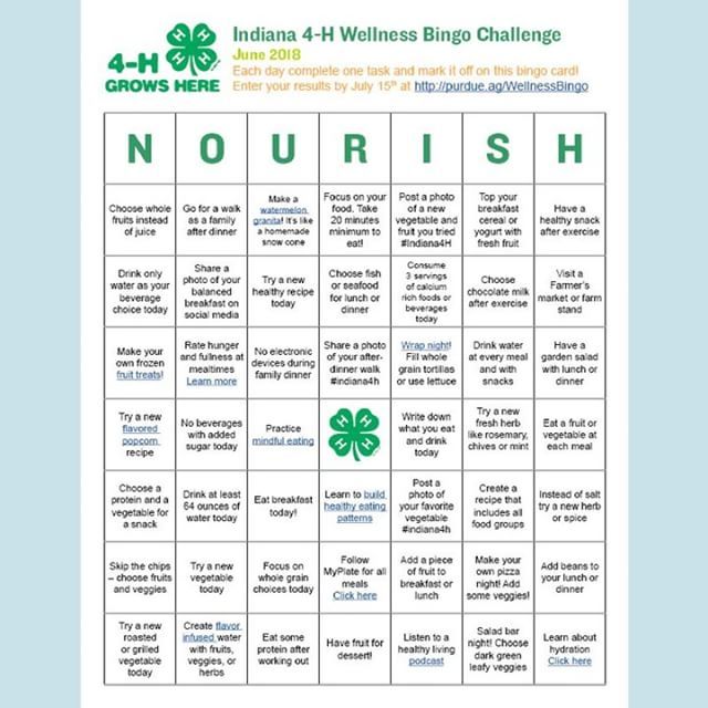 June is the last month for the "nourish" portion of the #Indiana4H Wellness Bingo Challenge! Nourish your body with a balanced and fulfilling way of eating, and download your bingo board at ift.tt/2C5o24F. #4HHealthyLiving