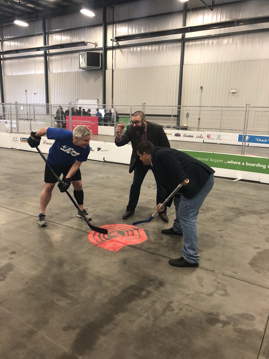 LeducRgnCares's tweet photo. Minister Shaye Anderson dropped the puck along MLA Mike Lake and Town of Beaumont Mayor John Stewart @FlyEIA to kick off the #FUNraiser Tournament. Come cheer on your favorite team and show #LeducRegionCares https://t.co/UIu1TargFB