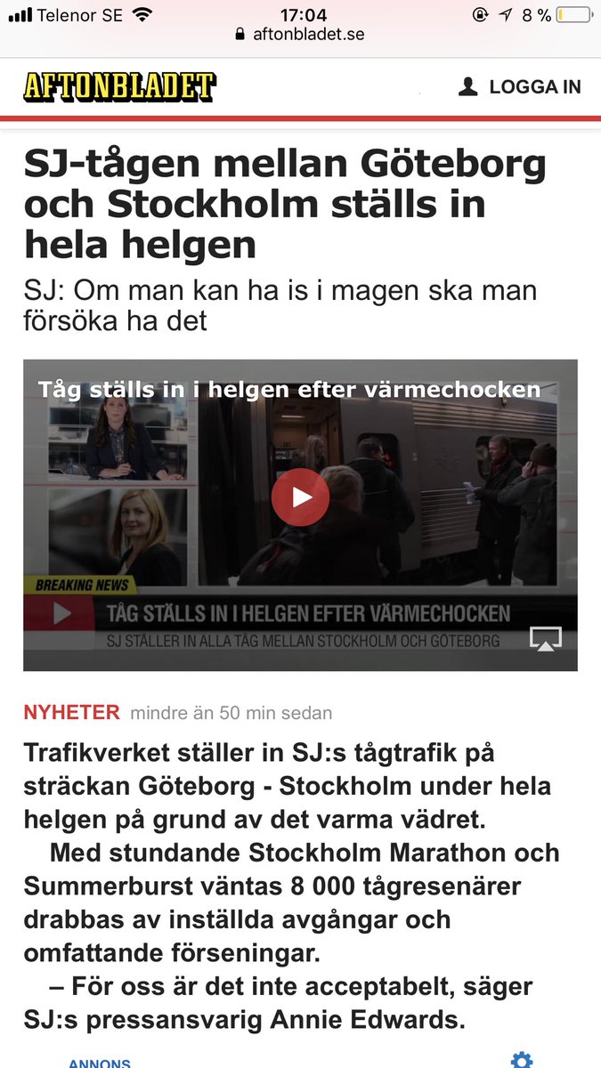 Ni kan alltså inte köra era tåg på vintern, för då har vi tydligen snö i Sverige. Och på sommaren är det tydligen för varmt... Annars då? Ni har inte funderat på att bara lägga av helt? <a href="/SJ_AB/">SJ AB</a>