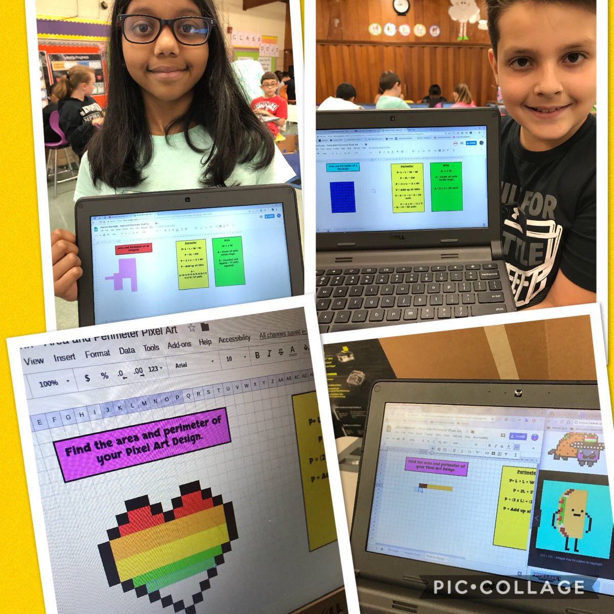 LDS_MrsMatyas's tweet image. Using @alicekeeler Conditional Format Pixel Art Template in @googlesheets to create and find the area &amp;amp; perimeter of pixel designs! We started with rectangles, then an irregular shape &amp;amp; finally a pixel design of our own! #LearningByCreating @CatenaColts