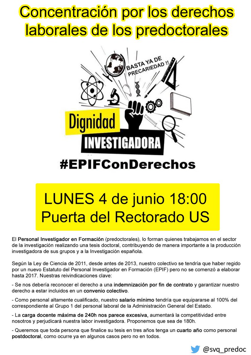 PCESevillalocal's tweet photo. En #SevillaHoy nos concentramos a las puertas del Rectorado a las 18h. por los derechos laborales de los predoctorales.
¡¡¡BASTA DE PRECARIEDAD!!!
#EPIFConDerechos
#DignidadInvestigadora https://t.co/8ietv9n1XS