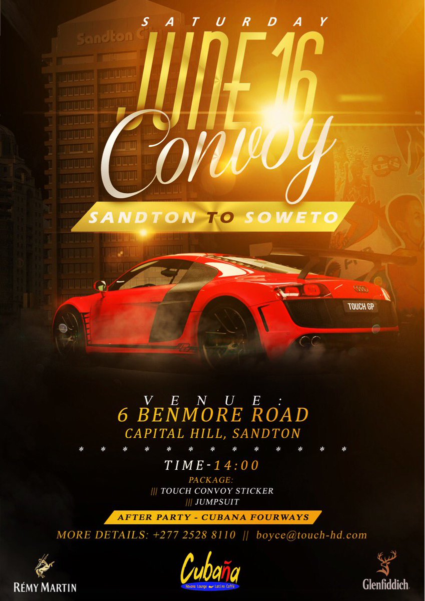TheTouchdown326's tweet photo. Registrations are open for the #TouchConvoy on the 16th June 2018.
Experience the 1st ever #4pipesonly from Sandton to Soweto and later to @CubanaFourways for the official after party! #ComeSeeAndBeSeen
Register here: boyce@touch-hd.com https://t.co/fZpqk1lGe4