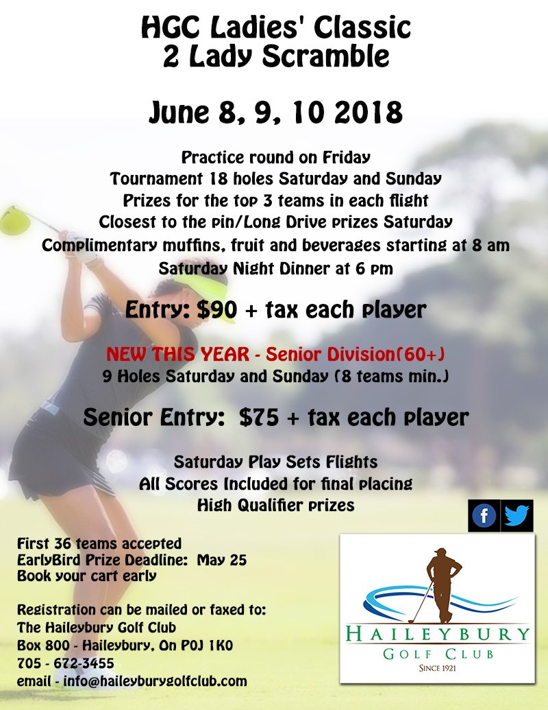 One Week to the HGC Annual Ladies' Classic golf tournament. Looking for a few more teams to round out the field. Call Golf Shop 705.672.3455 #HaileyburyGC #HGCEvents