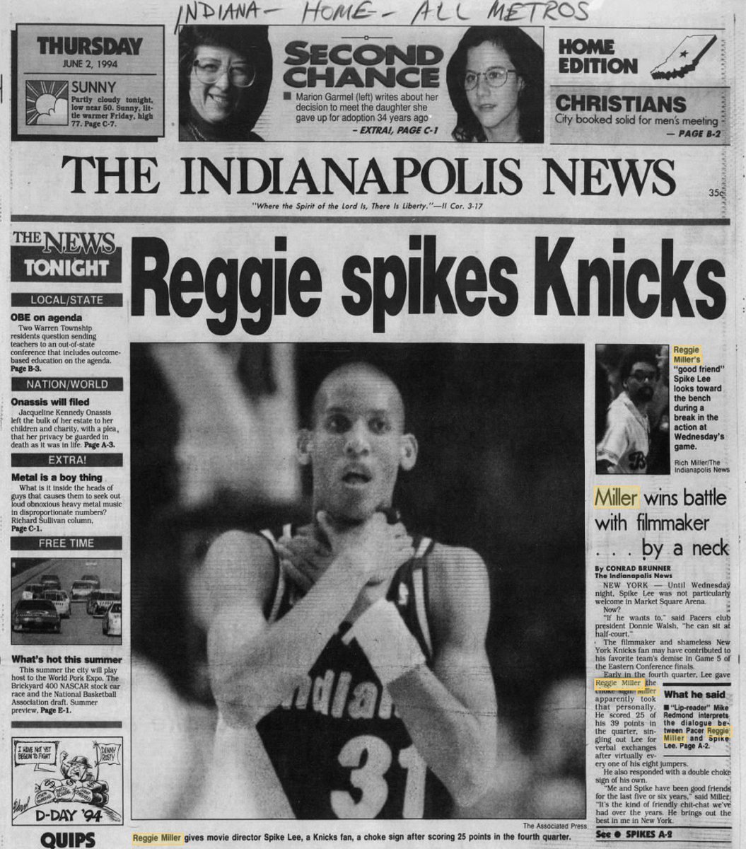On this day in 1994, Reggie Miller hit Spike Lee with the choke sign.  Here's the next day's paper: \, image size:1055x1200