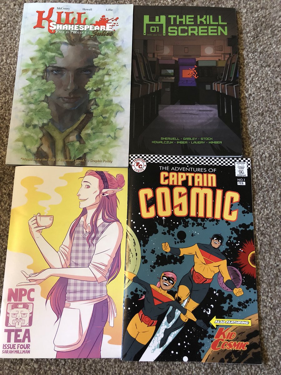 candiceleek's tweet photo. Can’t believe it’s already been a week since #mcmlondoncomiccon ! Here’s my purchases #killshakespeare from the awesome @ConorMcCreery #thekillscreen from the equally awesome @MikeGarley #npctea from the lovely @Heart_of_Time and #captaincosmic from the gorgeous @andyWclift https://t.co/lMWolr3sS7
