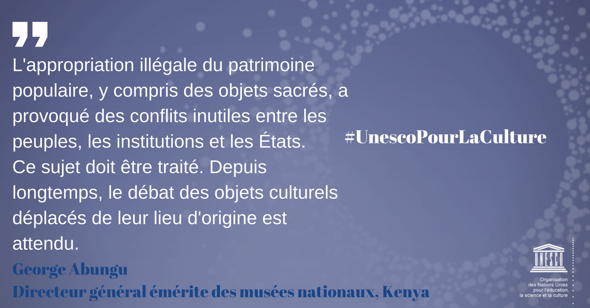 UNESCO_fr's tweet photo. L'appropriation illégale du patrimoine populaire, y compris des objets sacrés, a provoqué des conflits inutiles entre les peuples, les institutions et les États.

- George Abungu

Rejoignez le débat 👉#UnescoPourLaCulture

ℹ️https://t.co/kVaSosYNSv https://t.co/NfzLNbpBFN