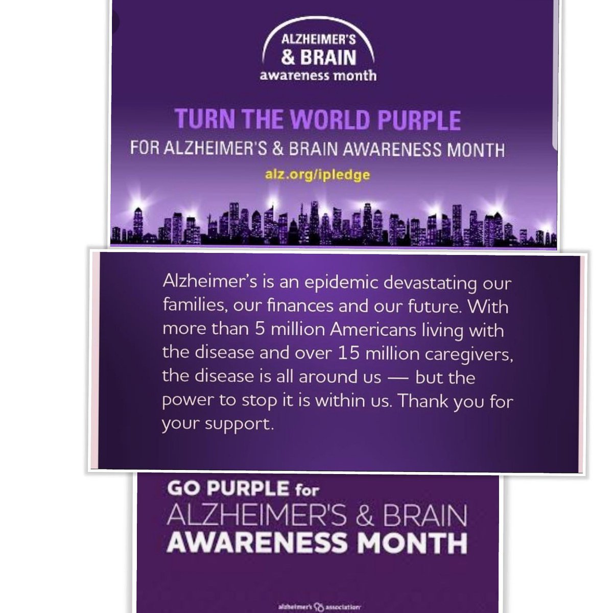 The month of June is Alzheimer's & Brain Awareness month.  Turn the world purple because #AlzheimersAwareness & #BrainHealthAwareness matter! #MemoriesMatter