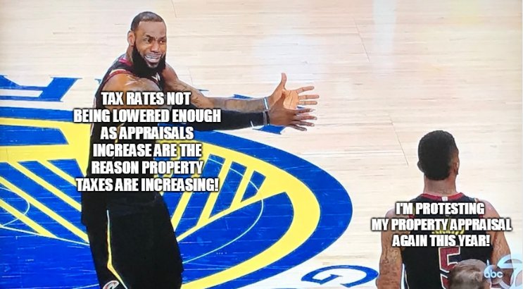 TxDan_Gonzalez's tweet photo. Protesting your appraisal may be a good thing, but remember, the real reason your property tax bill increases is because local property tax rates are not lowered enough to offset higher appraisals. Mad yet? Contact your local elected officials NOW! #txlege @HiddenPropTax  @TAR_GA https://t.co/hm78p163Kq