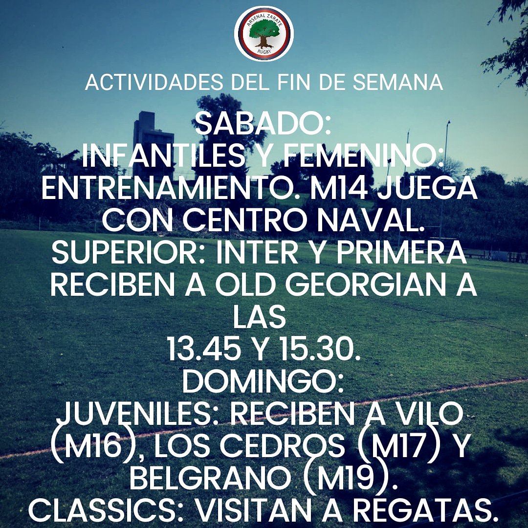 Les dejamos las actividades del fin de semana.
La M14 juega con <a href="/CNaval_Rugby/">Centro Naval Rugby</a> y el plantel superior recibe a <a href="/OldGeorgianClub/">Old Georgian Club</a>
Los juveniles reciben a <a href="/ViloRugby/">Vilo</a> (M16), <a href="/clubloscedros/">Club Los Cedros</a> (M17) y @belgranorugby  (M19) y los clássics visitan a <a href="/regatasbv/">Regatas Bella Vista</a>