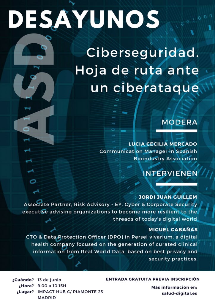 ASaludDigital's tweet photo. 📣 Adelantamos la hora del desayuno!!!
1er #DesayunosASD              #Ciberseguridad 
Hablaremos de #prevención, #protocolos de #seguridad

🗓13 de junio
📍@ImpactHubMAD 
⏱9:00-10:15
✍🏼 https://t.co/teryvULYb7
☕️🍎con nosotros!

#eventosASD #AgendaASD
#saluddigital #eHealth https://t.co/l60Xz9hRmK