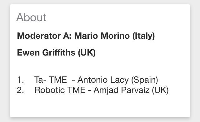 NuhaZsurgeon's tweet photo. Robotic vs TaTME - unedited videos by Amjad Parvaiz and @AntoniodeLacy - although the tools are different, the anatomy has always been the same.. Fab session @EAES_eu #ColorectalSurgery #EAES2018 (also nice to see @EwenGriffiths enjoying some world class colorectal Surgery ๐บ) https://t.co/FHGz1QW8oq