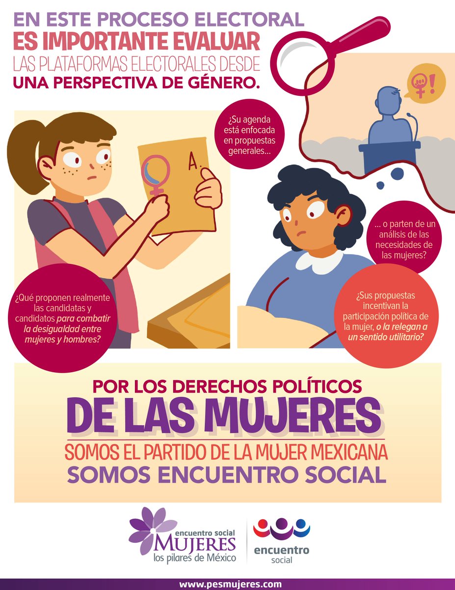 PesMujeresLila's tweet photo. ¿Sabes si tu candidato tiene propuestas concretas para combatir la desigualdad entre mujeres y hombres? ¿Buscan una participación activa de la mujer? Por los derechos políticos de las mujeres somos #PartidoEncuentroSocial #ElPartidoDeLaMujer mexicana https://t.co/T8KosXETaD